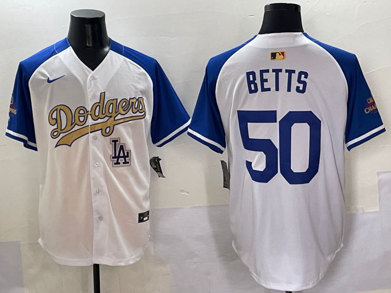 Men Los Angeles Dodgers #50 Betts White Blue Champion gold character Nike 2025 MLB Jersey style 5059